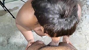 Latina Madrasta Covered in Cum by Stepson in Backyard