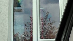 taxi driver spots naked milf in stockings washing window with no panties on