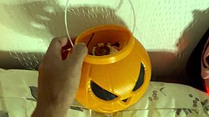 The naughty girl says, 'I want to suck big cock and swallow cum on Halloween.'