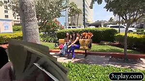 Two brunettes flash big tits outdoors for quick cash.