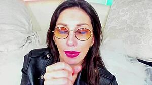 Hot milf makes blowjob in glasses for homemade fun.
