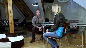 Petite blonde licks cum off after wild cowgirl sex.