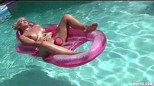 bikini blonde strips and masturbates outdoors or does she orgasm?