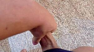 Brazilian amateur jerks huge cock for massive cumshot in garage