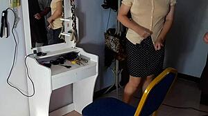 At the nude barbershop, the hairdresser convinces a curvy lady to undress for a wild haircut scene.