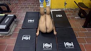 Blonde Colombian MILF Karen Sleent Guides Naked Workout with Wet Pussy POV at Gym