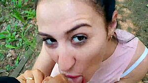 Risky public park blowjob turns into sloppy brunette mouthful quickie