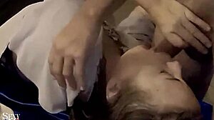 French amateur in lingerie gives close-up blowjob