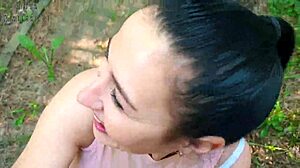 Risky public park blowjob turns into sloppy brunette mouthful quickie