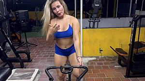 Blonde Colombian MILF Karen Sleent Guides Naked Workout with Wet Pussy POV at Gym