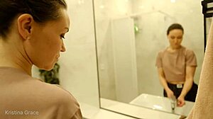 Kristina's Morning Shower with Sexy Brunette Milf Legs Barefoot in Bedroom