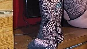 Sexy MILF in Fishnets Spreading Her Ass Cheeks Seductively