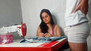 watching client’s bulge got this cute seamstress all hot and bothered