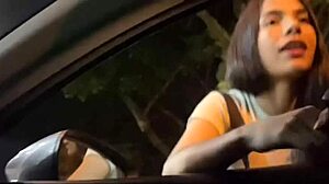 Teen sucks stranger's huge cock in public car on the road