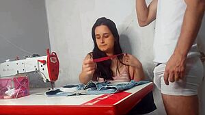 watching client’s bulge got this cute seamstress all hot and bothered