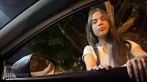 Teen sucks stranger's huge cock in public car on the road