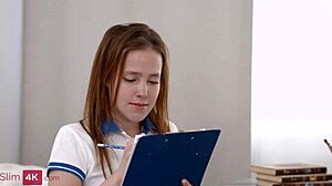 Nicole Murkovski, flexible redhead, rides hard for a creampie