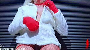 Hot mature blonde in lingerie shows hairy pussy