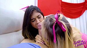 Blonde slut gives ass while skinny teen 18+ gives pussy in threesome quickie