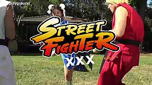 Jade kush in chun li costume teased by two big cocks on the street