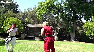 Jade kush in chun li costume teased by two big cocks on the street