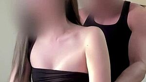 Oriental hottie gets big load of cum on het titties