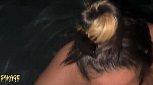 Couple enjoys rough outdoor blowjob and creampie by pool at night