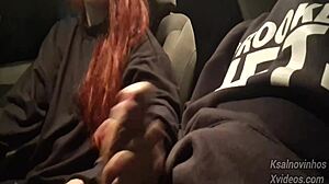 risky handjob for young teen on public street in car.