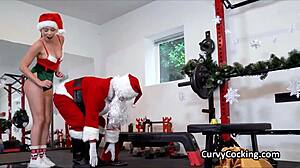This holiday gym session features a sloppy blowjob and intense cock ride.