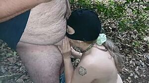 French Female Slave in Forest Performs Outdoor Handjob with Dirty Talk.