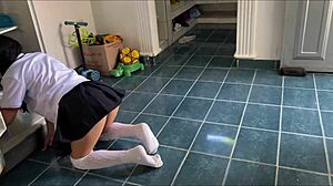 Perverted stepdad catches schoolgirl stepdaughter bent over in kitchen. He goes straight for it!