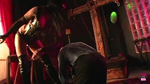 Foxy vixen in latex HEELS ties tattooed man for BONDAGE blowjob and CUMSHOT