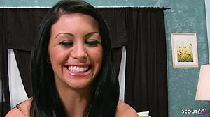 inked brunette beauty joins asian guy for first casting session