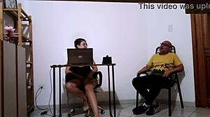 Secretary masturbates solo then bangs client at law office reception. Wild action unfolds!  