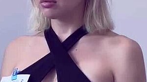 Blonde cosplays severance after work scene