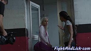 European lesbians dominate each other wrestling hard in a boxing ring