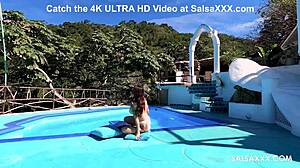 Tattooed latina with big silicone tits gets freaky by the pool