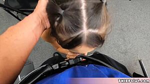 pretty blonde shoplifter gives blowjob and doggystyle to mall cop