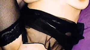 POV camera focuses on skinny milf wife's spread legs in lingerie, ready for pussy and assfucking at home