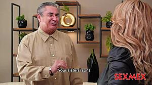 sandra paola gives a quick blowjob, showing off her big tits