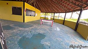 Cute Latina in lingerie rides hard at abandoned beach kiosk.