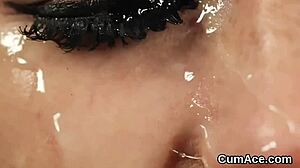 Slutty honey gets jizz shot on her face swallowing all the jizm