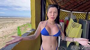 Cute Latina in lingerie rides hard at abandoned beach kiosk.