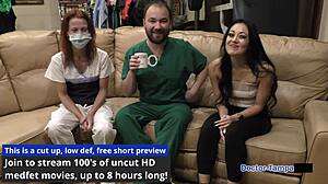 Dr. Tampa examines bratty orphan cheerleader Blaire Celeste in latex gloves.