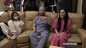 Dr. Tampa examines bratty orphan cheerleader Blaire Celeste in latex gloves.