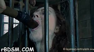 gagged and tied up bondman gets vibrator treatment in femdom session.