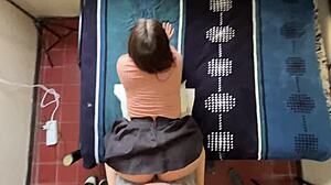 amateur schoolgirl bends over in skirt for doggystyle blowjob and ass fuck