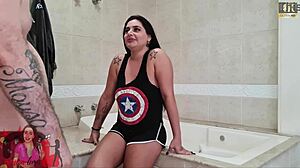 Brunette amateur thought training, but got fucked and took cum home in pussy.