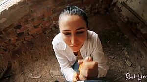 Long-haired teen 18+ gets facefucked hard in eerie abandoned building spot