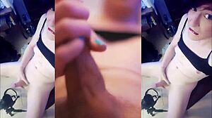 Cute tranny slut plays solo with her cock